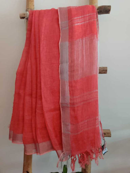 Coral Pink  handwoven pure linen saree