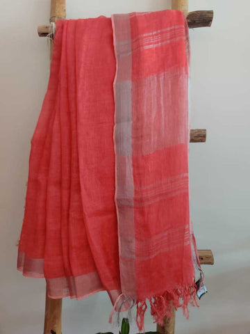 Coral Pink  handwoven pure linen saree