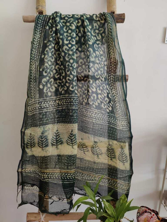 Green Color Handblock Print Kota Doria Dupatta