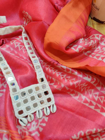 Bright Pink  Block Print Pure Tussar Silk Dupatta