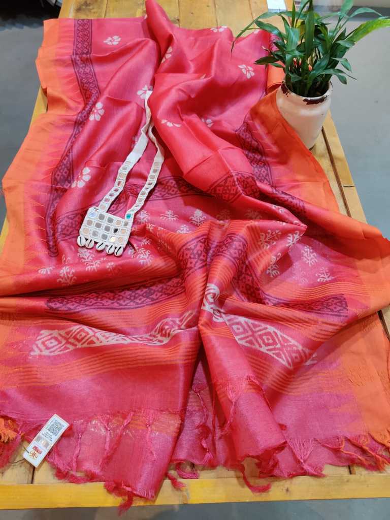 Pink Berry Block Printed Pure Tussar Silk Dupatta