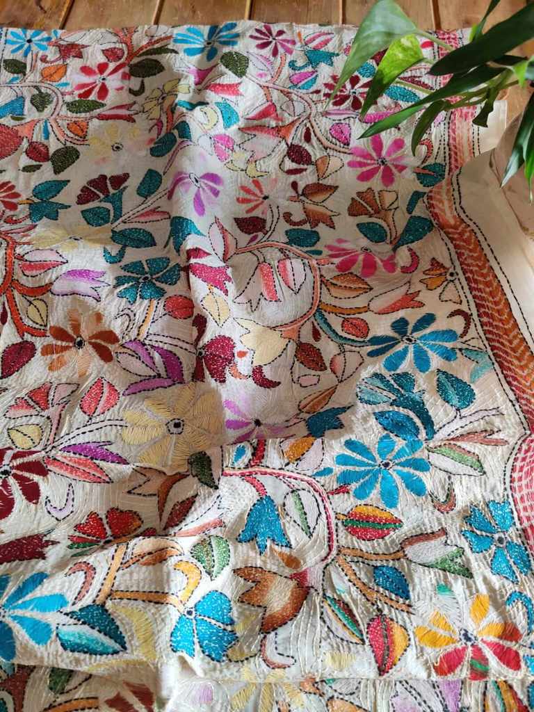 Kantha Stitch Tussar Silk Stole - Desi Weaves