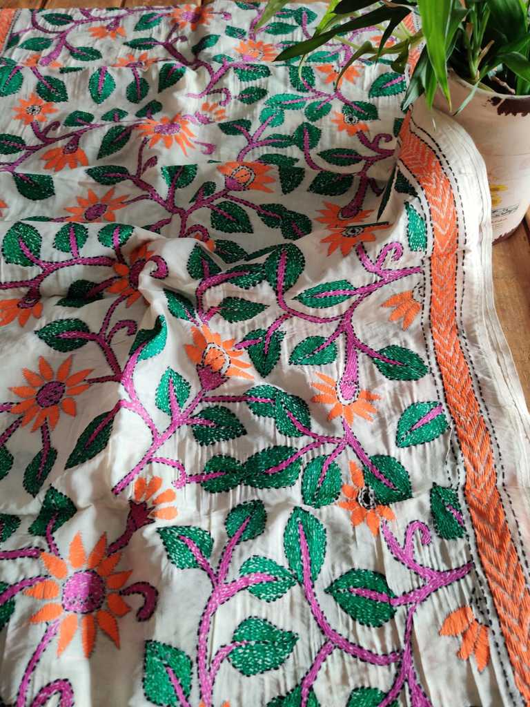 Kantha Stitch Tussar Silk Stole - Desi Weaves