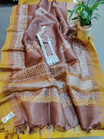 Golden Brown Block Printed Pure Tussar Silk Dupatta