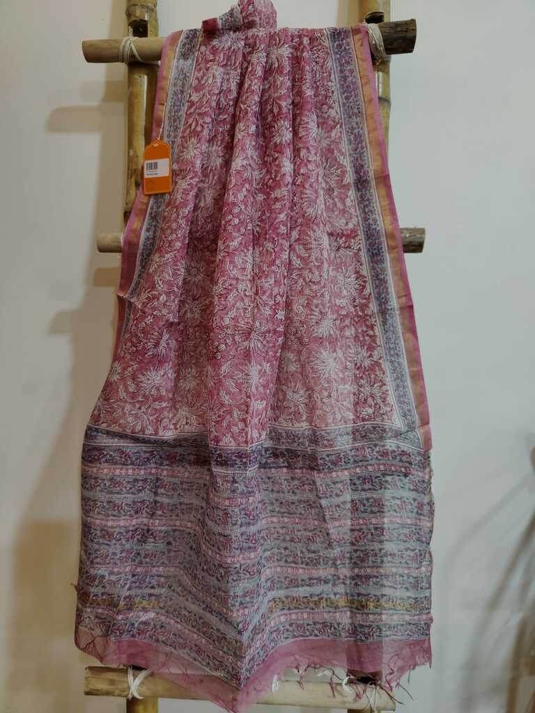 Peach & Blue Traditional Handblock Print Kota Doria Dupatta