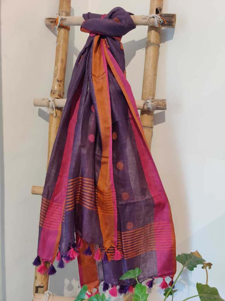 Deep purple handwoven pure linen dupatta