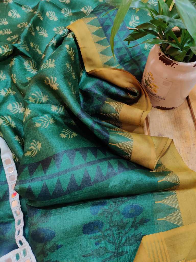 Block printed tussar silk dupatta - Desi Weaves