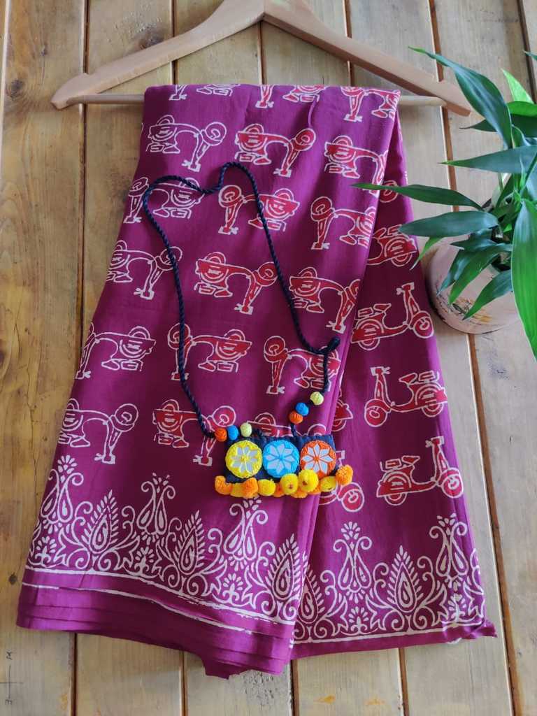 Scooter block printed mul cotton saree