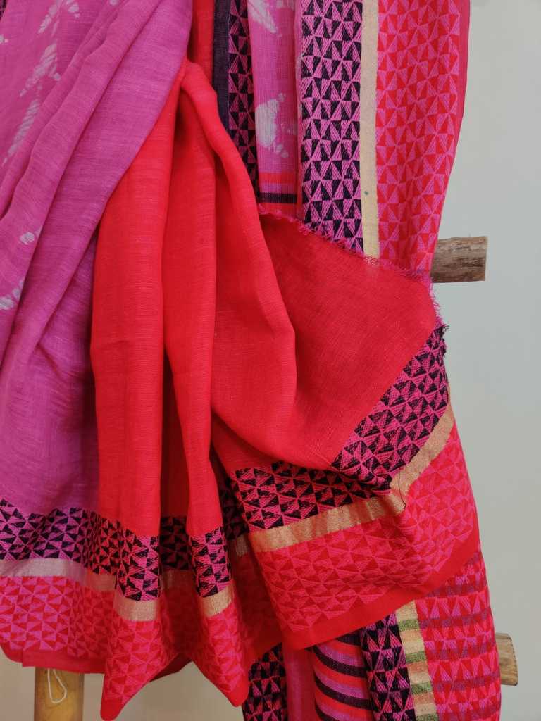 Pink colour hand batik pure linen saree