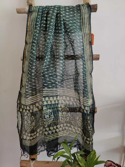 Bottle Green Handblock Print Kota Doria Dupatta