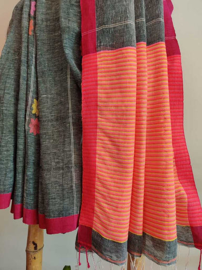 Grey handwoven pure linen jamdani saree