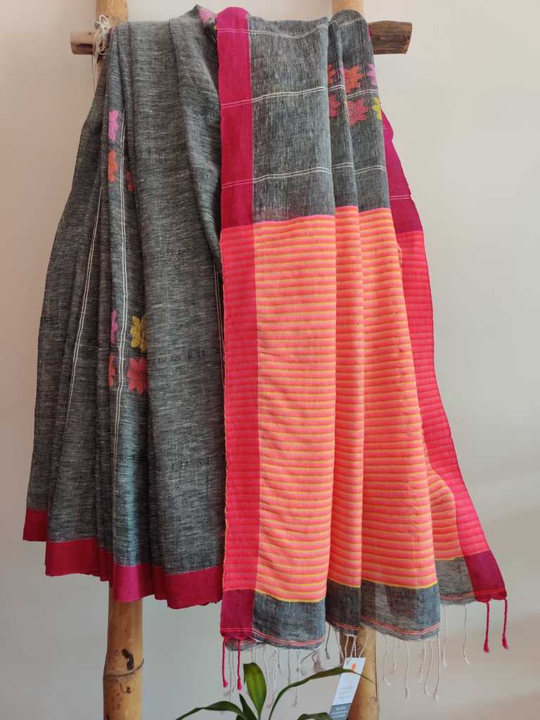 Grey handwoven pure linen jamdani saree