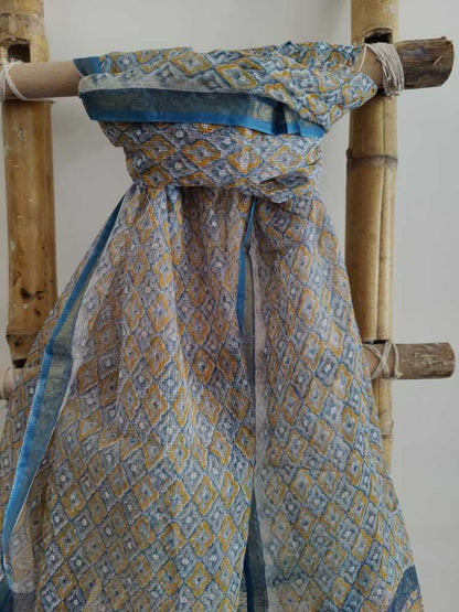 White & Blue Traditional Handblock Print Kota Doria Dupatta