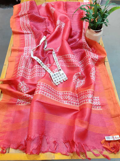 Bright Pink  Block Print Pure Tussar Silk Dupatta