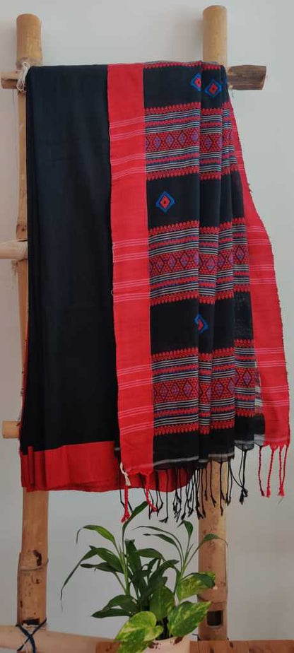 Black & Red Handwoven Bengal Handloom Cotton Saree