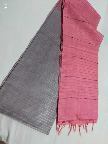 Grey & Pink Color Silk Cotton Saree With Blouse