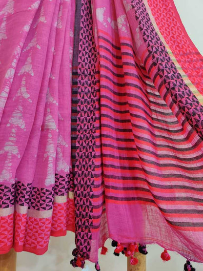 Pink colour hand batik pure linen saree