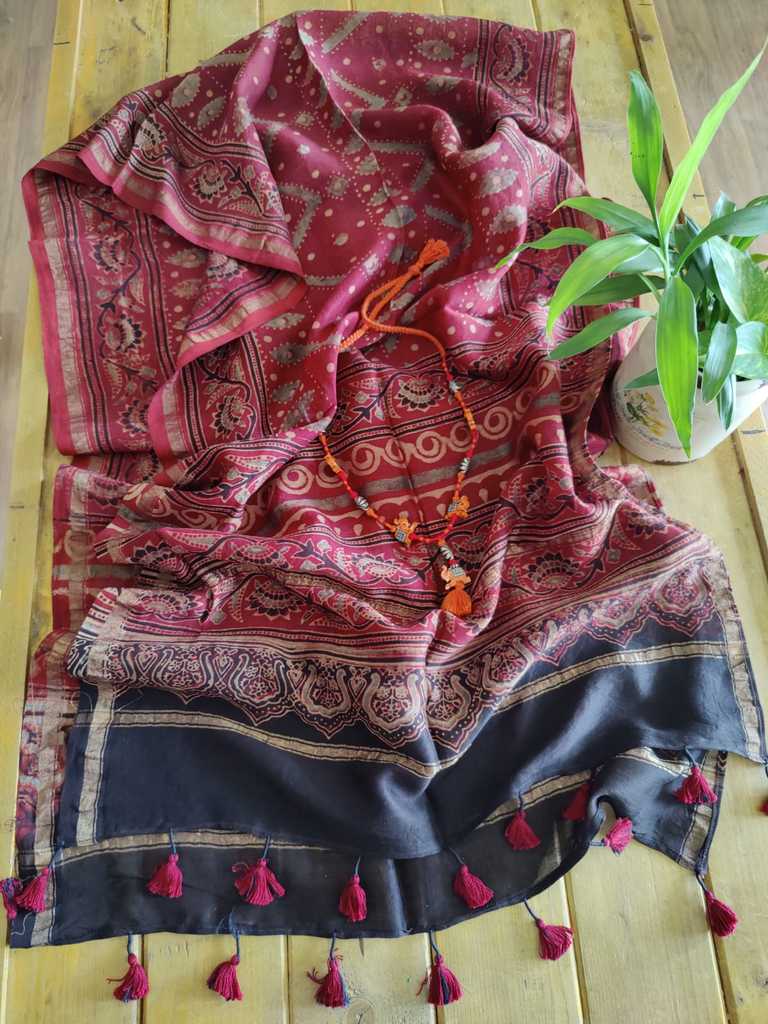 Maroon color ajrakh handblock printed chanderi silk stole