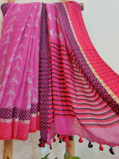 Pink colour hand batik pure linen saree