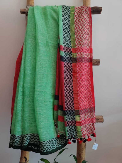 Green apple naksha pure  linen saree