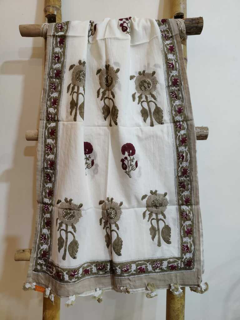 Kesariya Handblock Printed Mul Cotton Stole