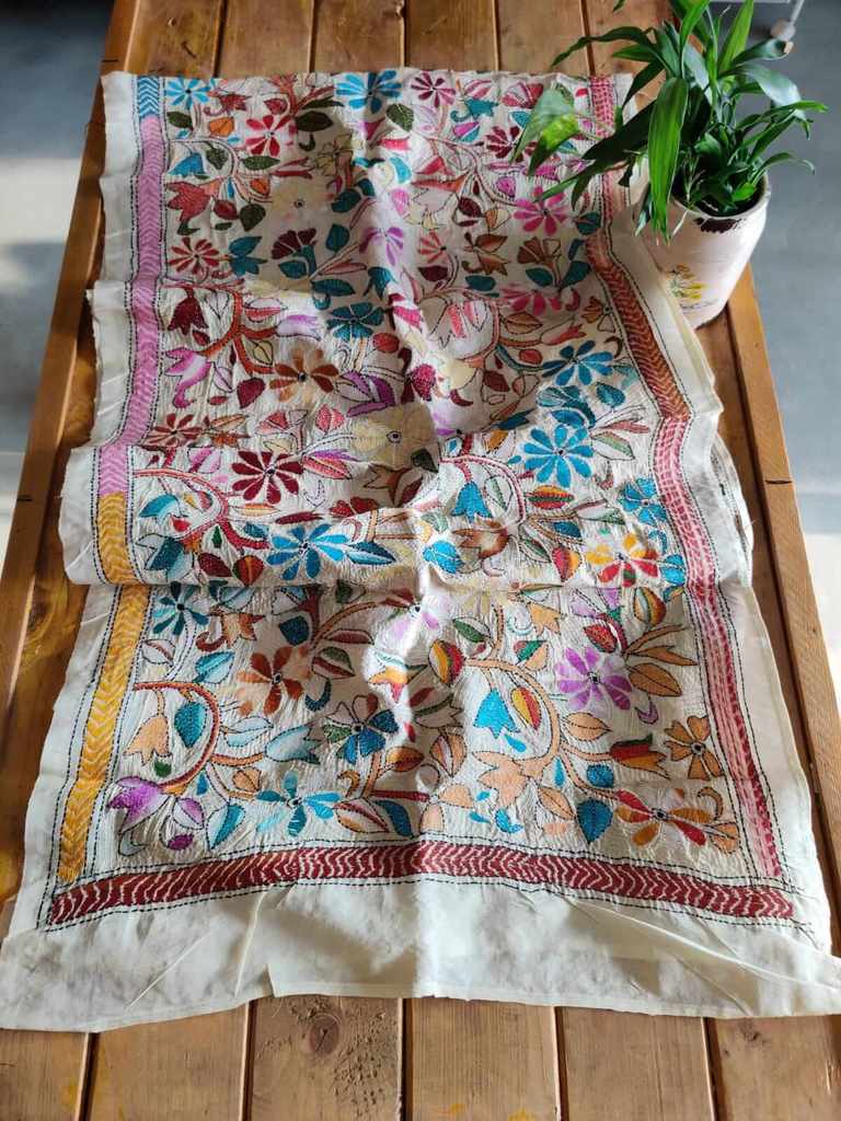 Kantha Stitch Tussar Silk Stole - Desi Weaves