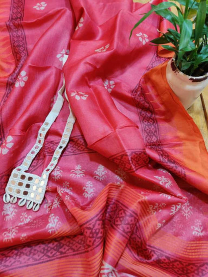 Pink Berry Block Printed Pure Tussar Silk Dupatta