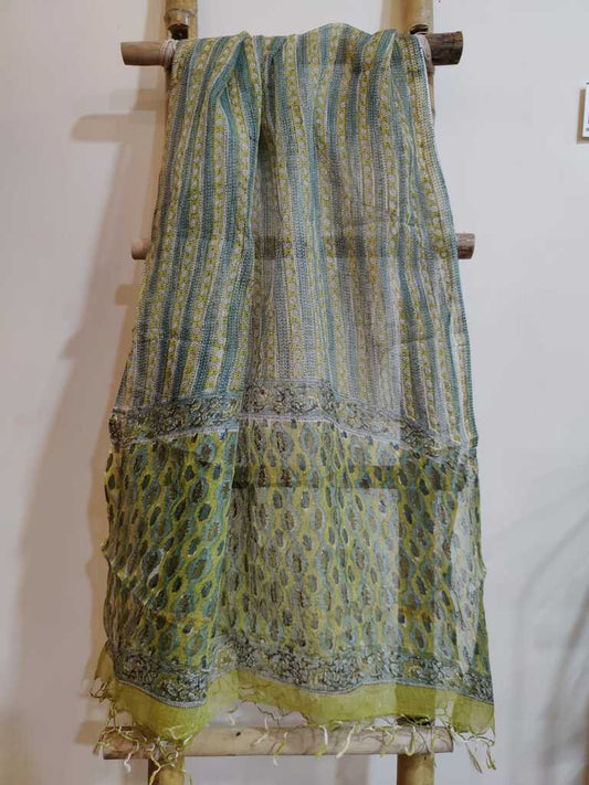 Green Glow Handblock Print Kota Doria Dupatta