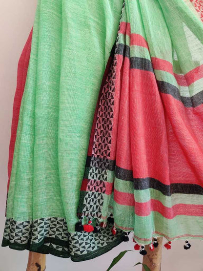 Green apple naksha pure  linen saree