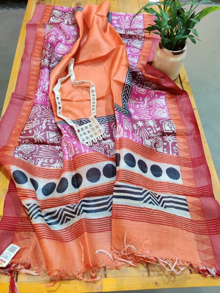 Handblock Printed Tussar Silk Dupatta- Desi Weaves