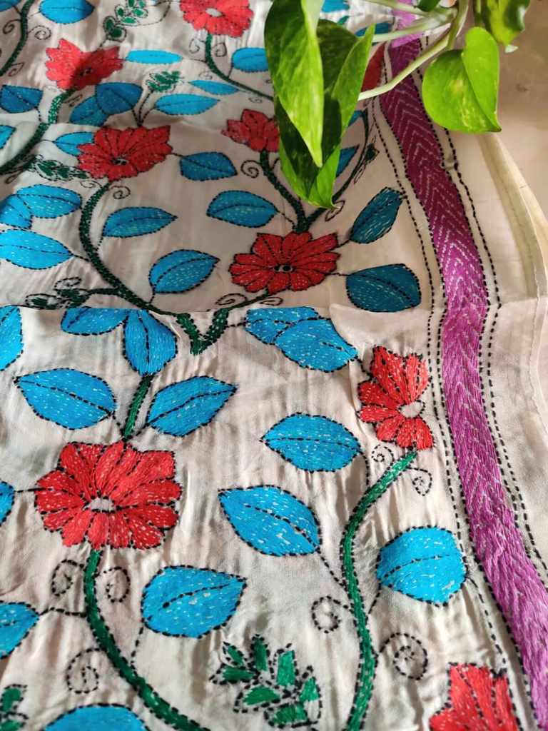 Kantha Stitch Tussar Silk Stole - Desi Weaves