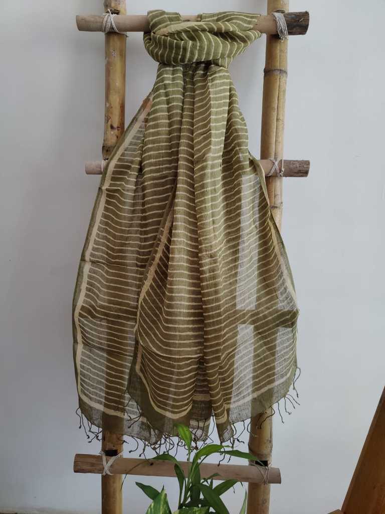 Lime Green Handcrafted Block Print Pure Linen  Dupatta