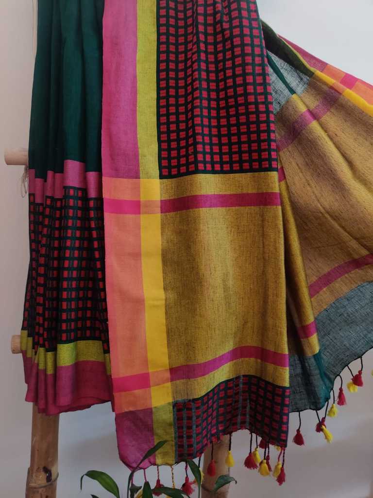 Deep Green handwoven Pure Linen Saree