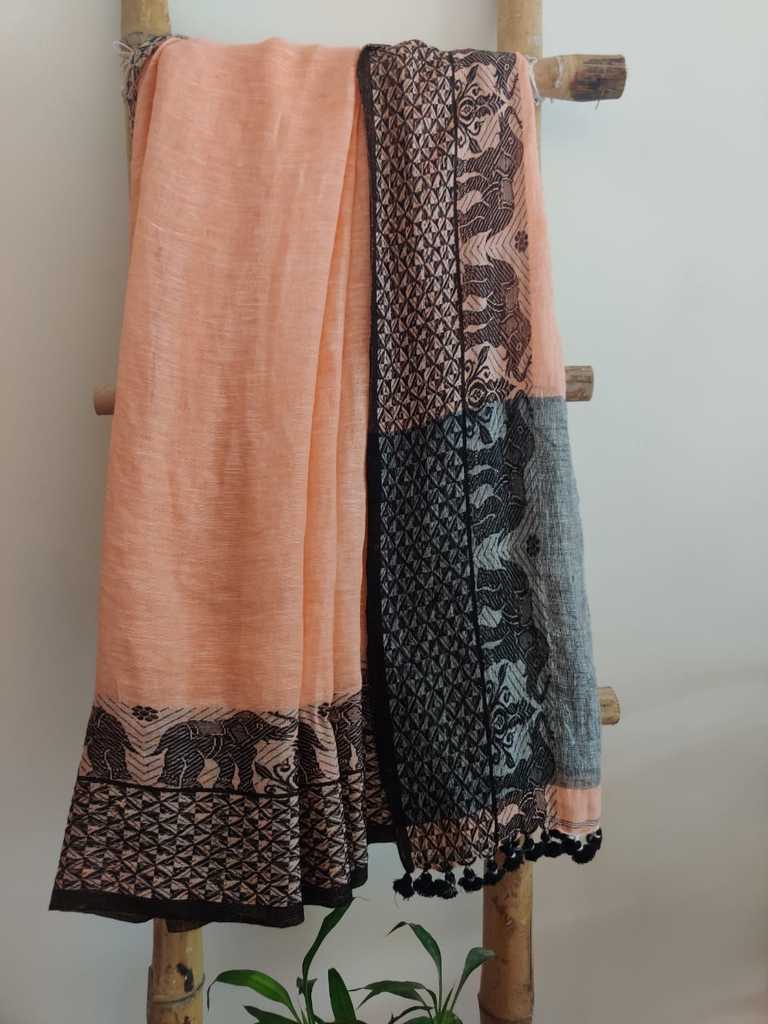 Peach & black pure linen saree