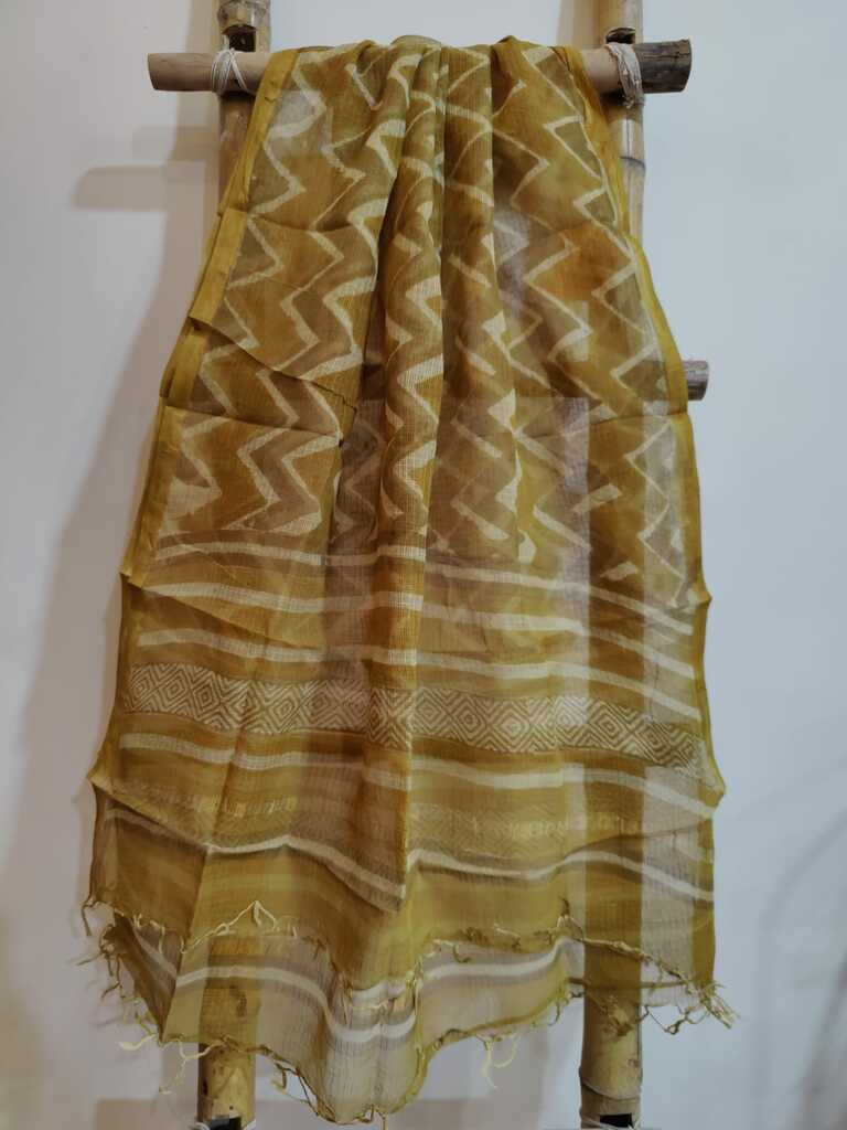 Golden Floral Handblock Print Kota Doria Dupatta