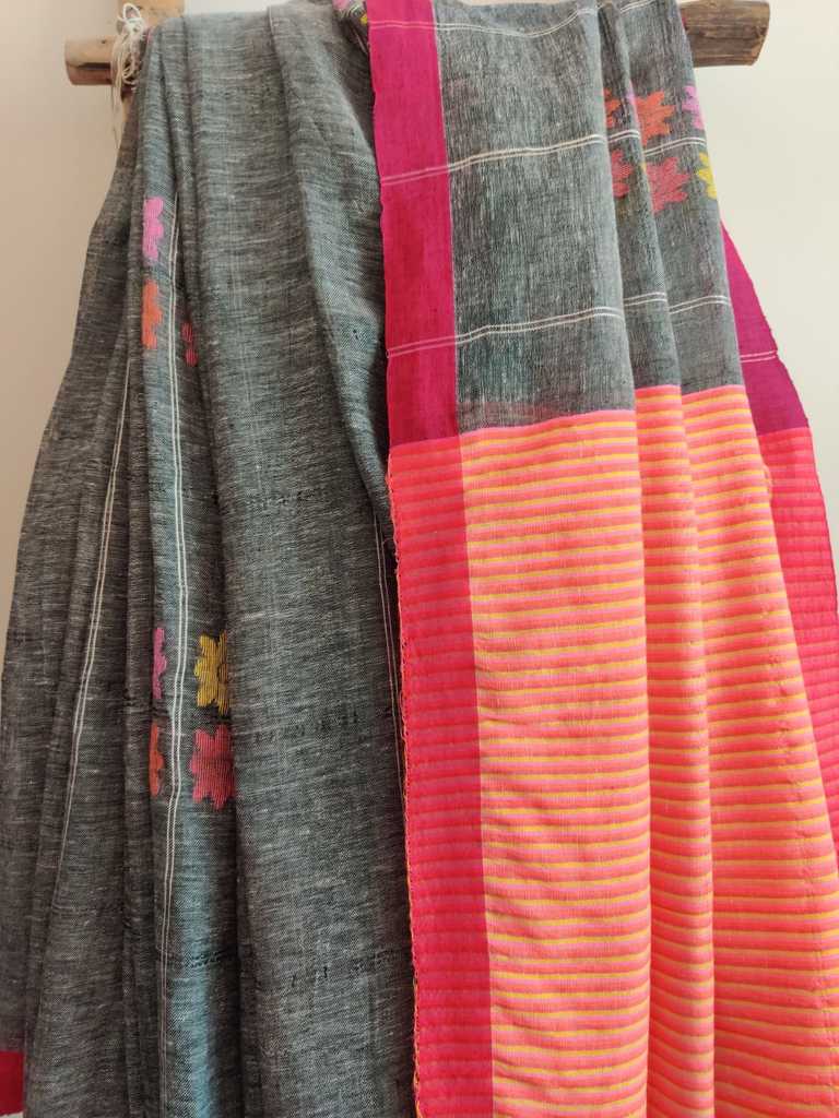 Grey handwoven pure linen jamdani saree