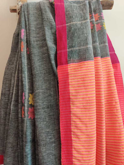 Grey handwoven pure linen jamdani saree