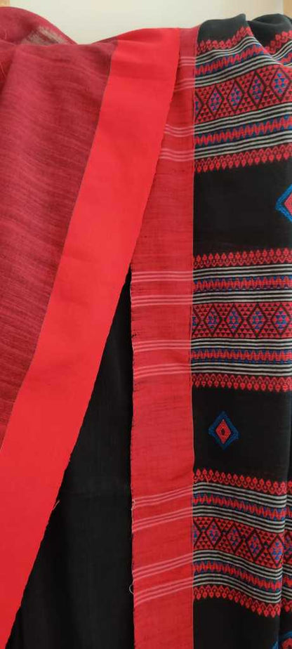 Black & Red Handwoven Bengal Handloom Cotton Saree