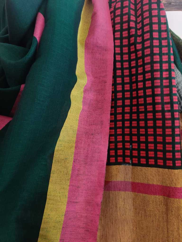 Deep Green handwoven Pure Linen Saree