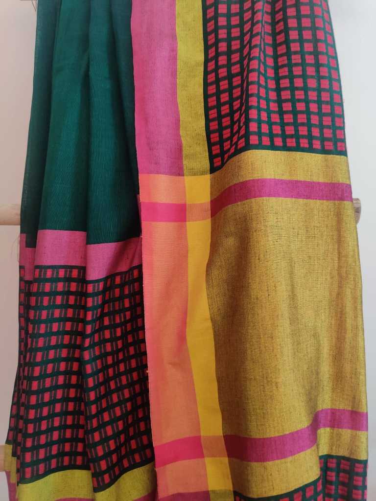 Deep Green handwoven Pure Linen Saree