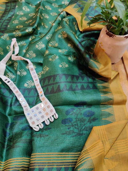 Block printed tussar silk dupatta - Desi Weaves