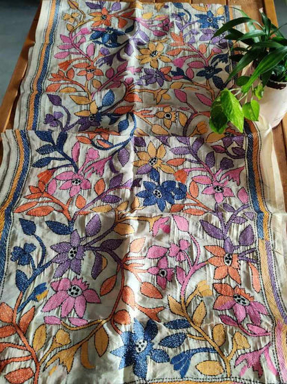 Kantha Stitch Tussar Silk Stole - Desi Weaves