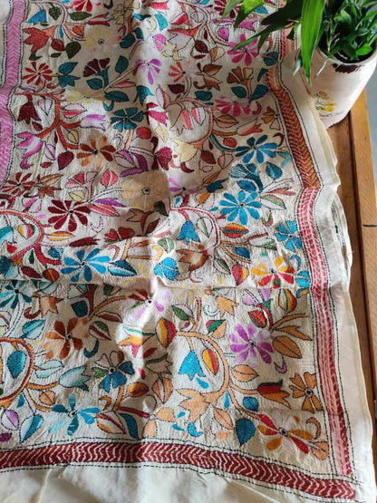 Kantha Stitch Tussar Silk Stole - Desi Weaves