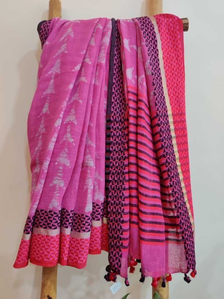 Pink colour hand batik pure linen saree