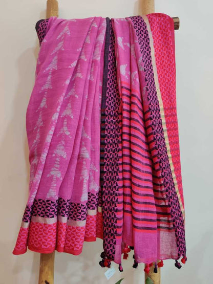 Pink colour hand batik pure linen saree