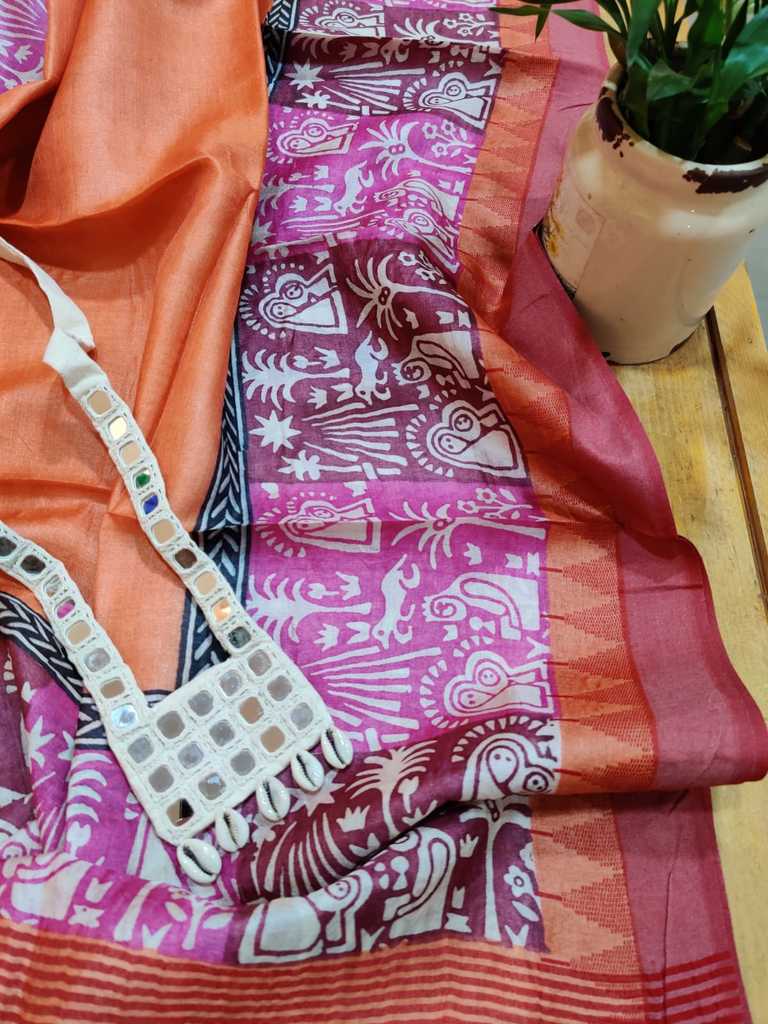 Handblock Printed Tussar Silk Dupatta- Desi Weaves