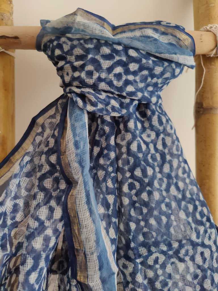 Indigo Blue Handblock Print Kota Doria Dupatta