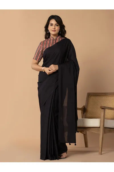 Black Color Plain Mull Cotton Saree