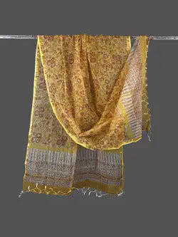 yellow kota doria block print dupatta - desi weaves