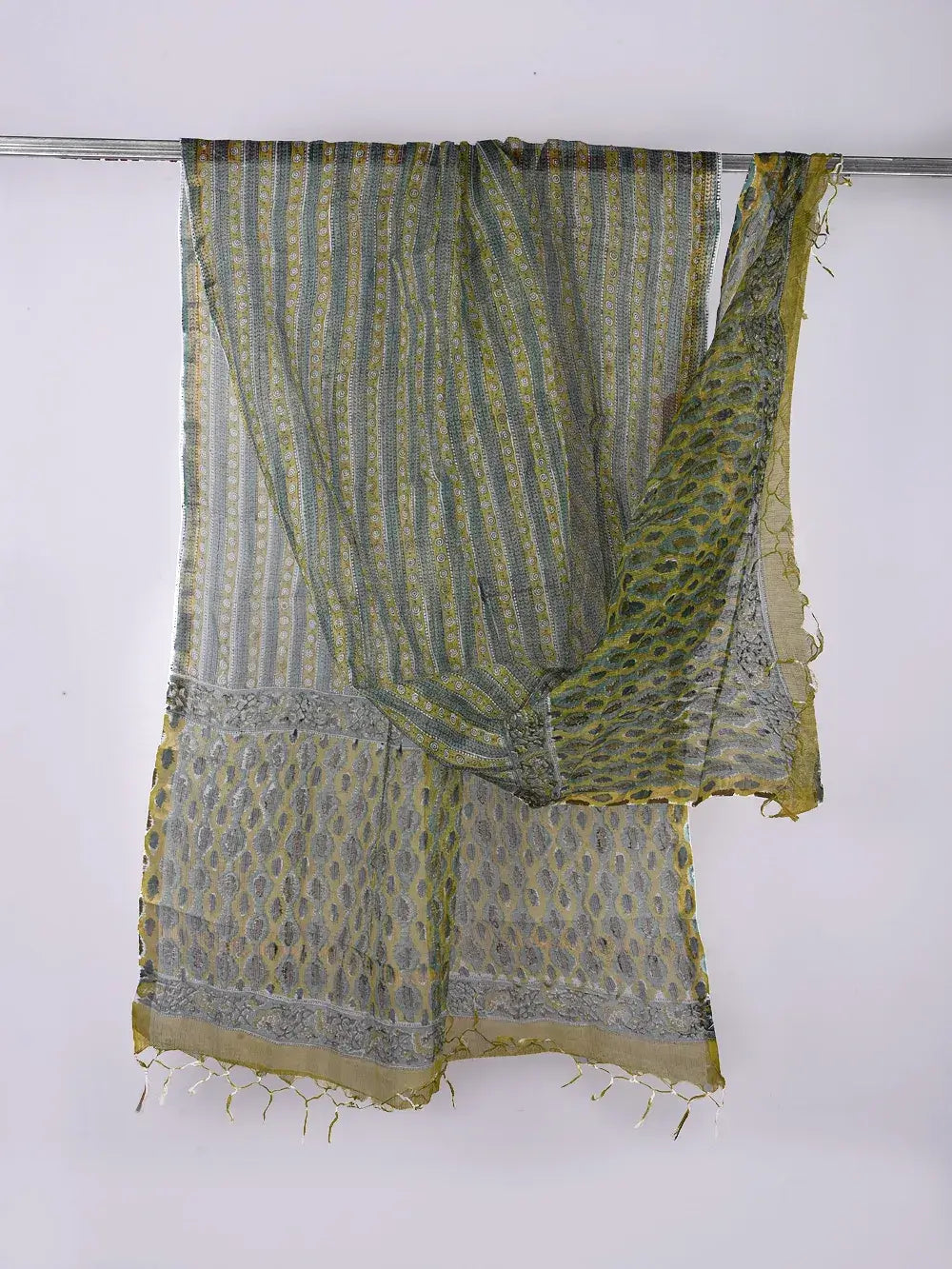 Green Glow Handblock Print Kota Doria Dupatta